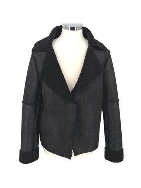 Velvet Faux Suede Sherpa Cozy Warm Jacket Notch Collar Black Size Large